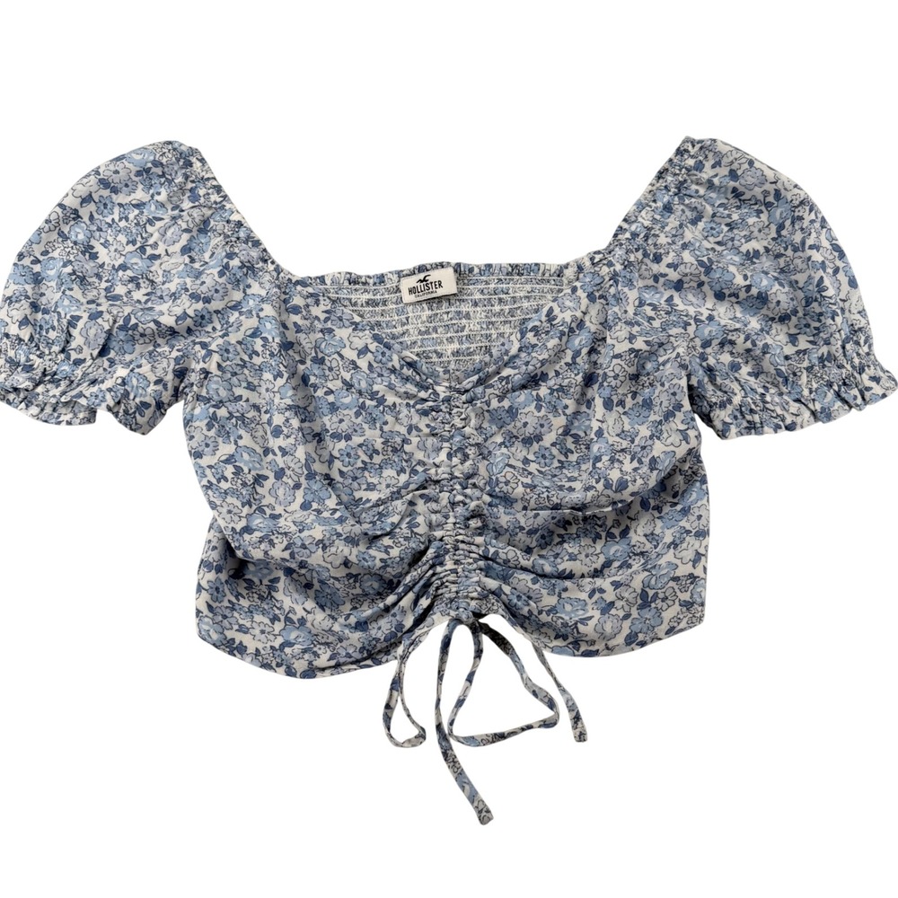 Hollister Floral Crop Top Womens XS 100% Viscose Puff Sleeve Ruched Smocked Y2K